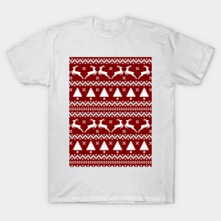 Large Dark Christmas Candy Apple Red Nordic Reindeer Stripe in White T-Shirt